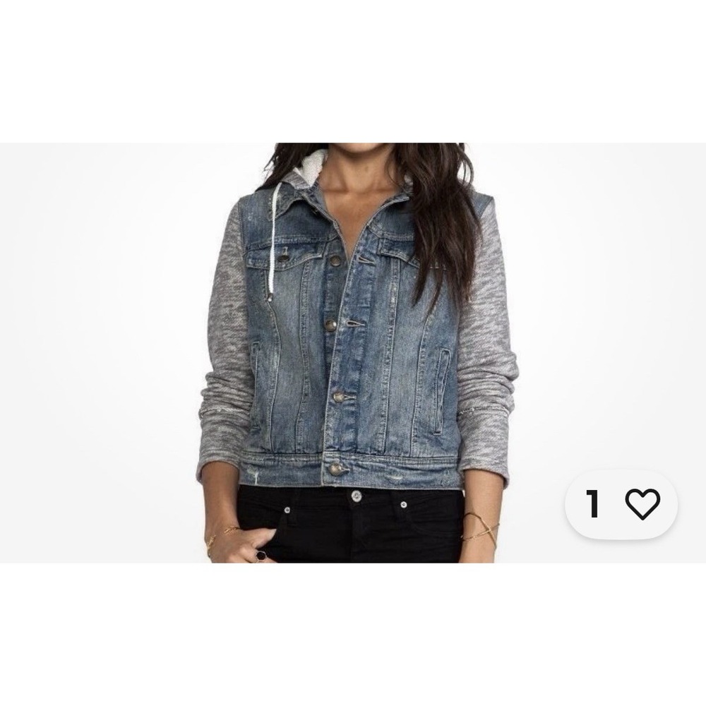 FREE PEOPLE Women's DENIM AND KNIT HOODED JACKET‎ Size L Distressed